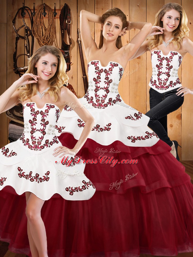 Customized Embroidery and Ruffled Layers Quinceanera Gowns Burgundy Lace Up Sleeveless Sweep Train