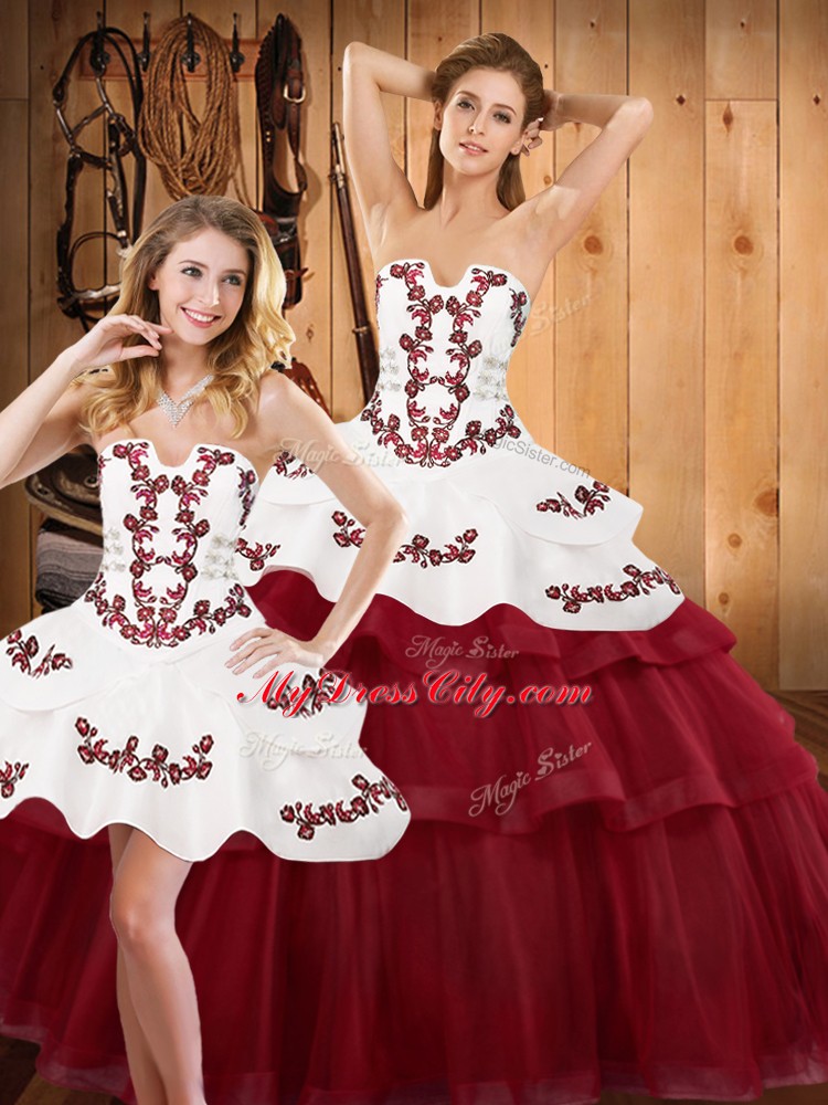 Customized Embroidery and Ruffled Layers Quinceanera Gowns Burgundy Lace Up Sleeveless Sweep Train