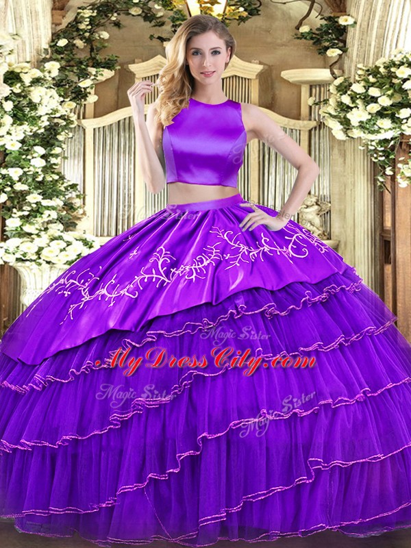 Floor Length Purple Quinceanera Dresses Tulle Sleeveless Embroidery and Ruffled Layers