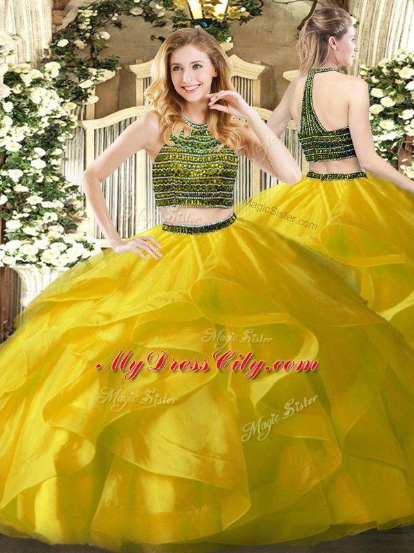 Halter Top Sleeveless Zipper Quinceanera Gown Yellow Organza