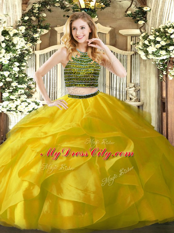 Halter Top Sleeveless Zipper Quinceanera Gown Yellow Organza