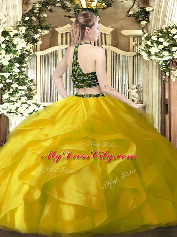 Halter Top Sleeveless Zipper Quinceanera Gown Yellow Organza