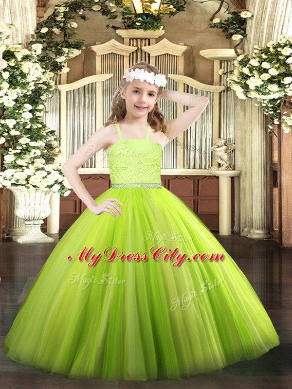 Attractive Yellow Green Ball Gowns Straps Sleeveless Tulle Floor Length Zipper Beading and Lace Pageant Dress for Teens