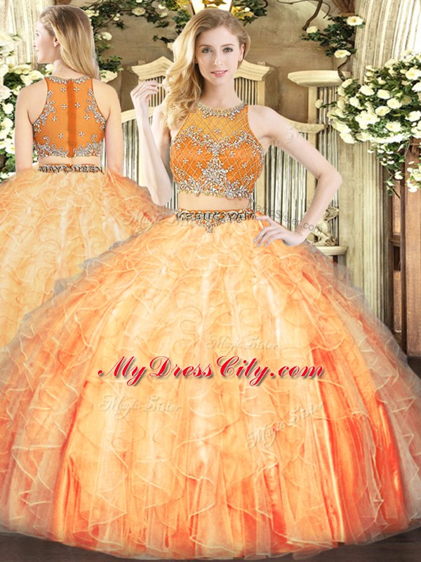 Orange Red Scoop Zipper Beading and Ruffles Quince Ball Gowns Sleeveless