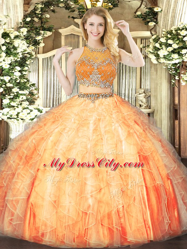 Orange Red Scoop Zipper Beading and Ruffles Quince Ball Gowns Sleeveless