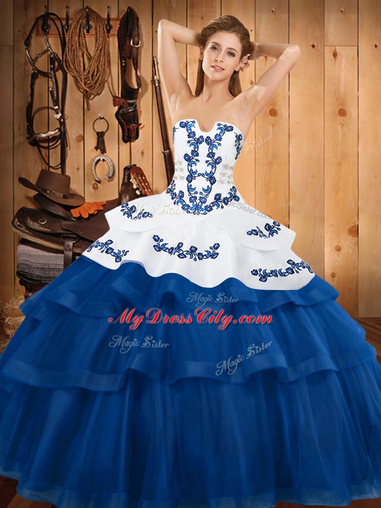 Dynamic Strapless Sleeveless 15th Birthday Dress Sweep Train Embroidery and Ruffled Layers Blue Tulle