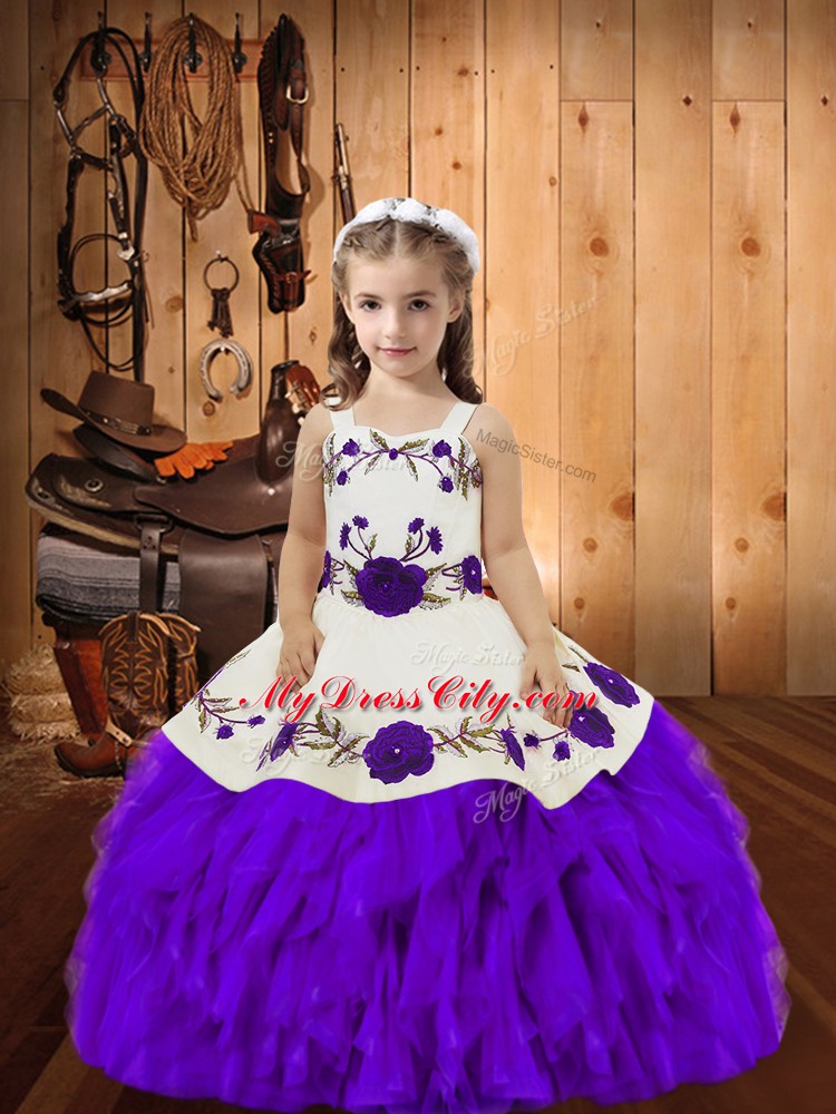 High End Floor Length Eggplant Purple Pageant Dress Wholesale Organza Sleeveless Embroidery and Ruffles