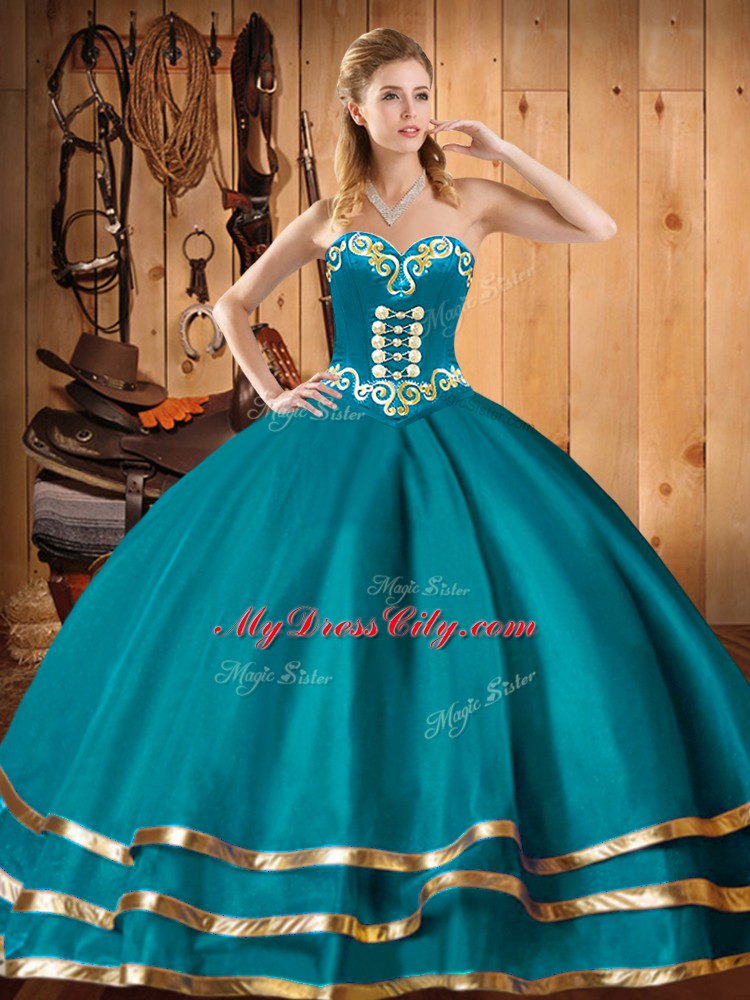 Embroidery Quinceanera Dress Teal Lace Up Sleeveless Floor Length