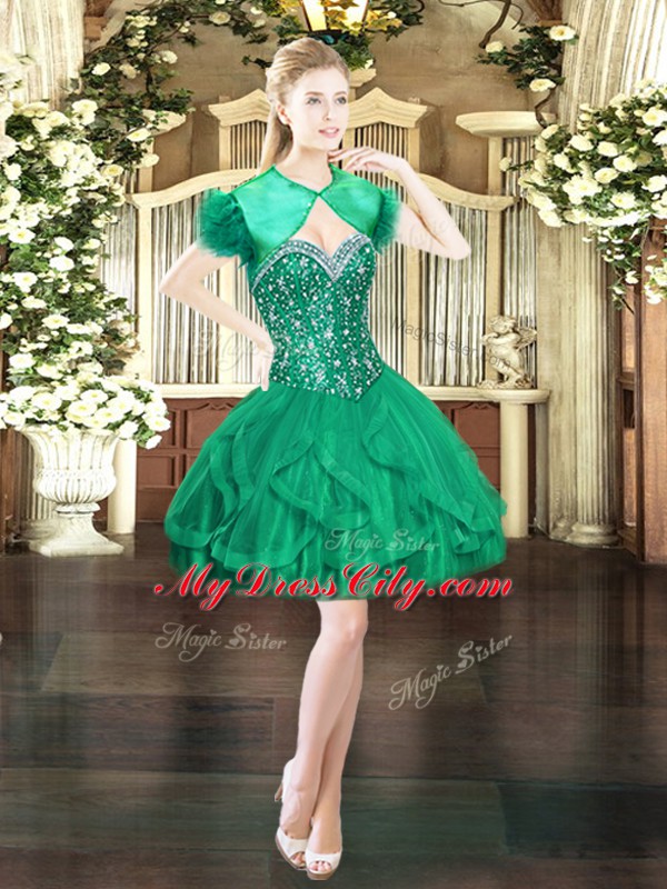 Custom Fit Dark Green Tulle Lace Up Sweetheart Sleeveless Mini Length Beading and Ruffles