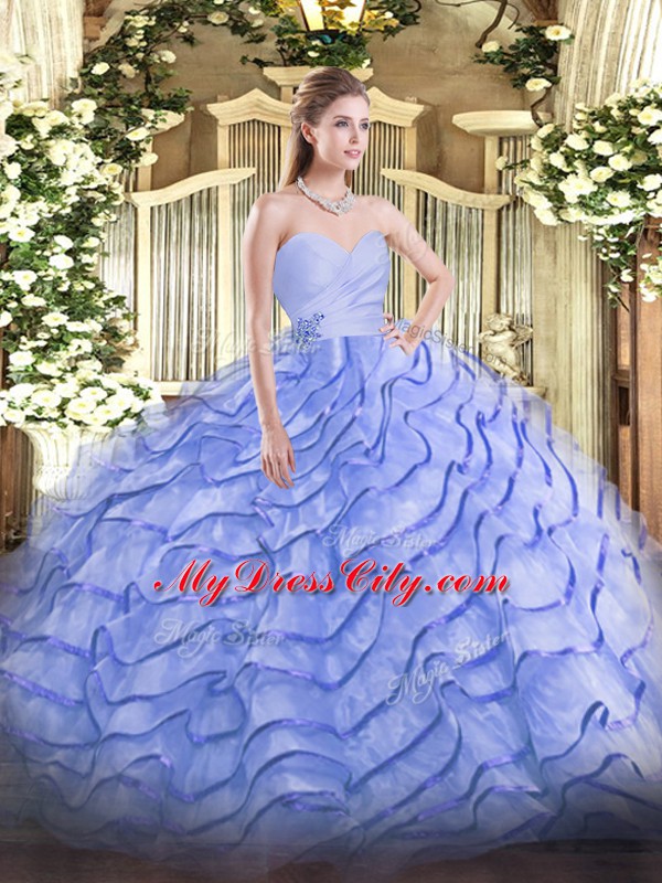 Dynamic Blue Ball Gowns Sweetheart Sleeveless Organza Brush Train Lace Up Beading and Ruffled Layers 15th Birthday Dress