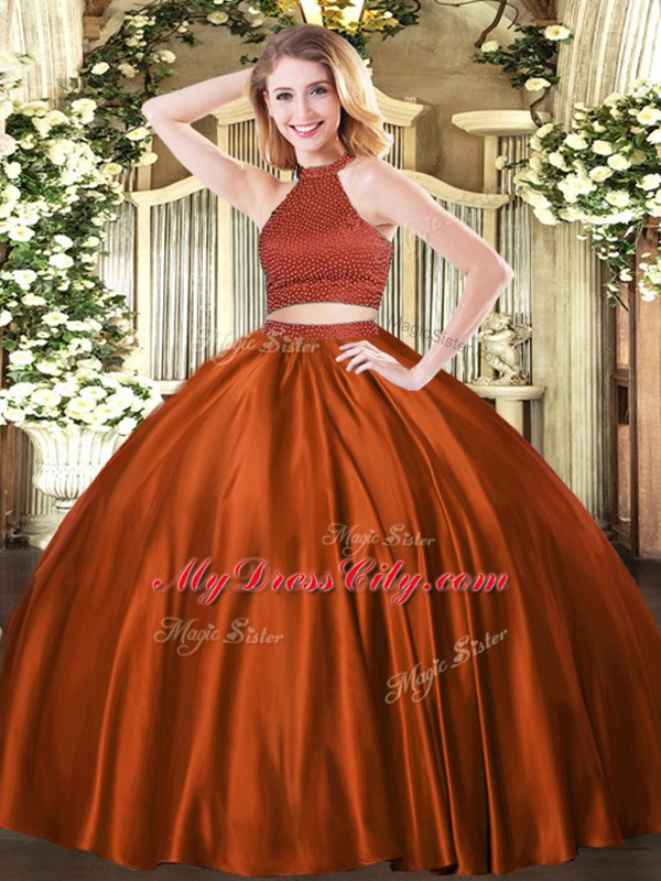 High End Rust Red Tulle Backless Halter Top Sleeveless Floor Length Sweet 16 Dresses Beading