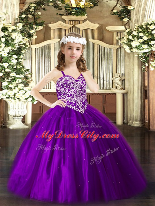 Dazzling Floor Length Lace Up Evening Gowns Purple for Party and Quinceanera with Beading