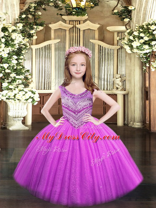 Lilac Tulle Lace Up Scoop Sleeveless Floor Length Child Pageant Dress Beading