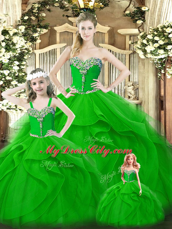 Hot Selling Green Ball Gowns Organza Sweetheart Sleeveless Beading and Ruffles Floor Length Lace Up 15th Birthday Dress