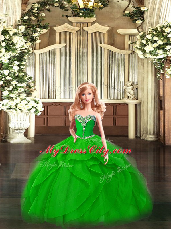 Hot Selling Green Ball Gowns Organza Sweetheart Sleeveless Beading and Ruffles Floor Length Lace Up 15th Birthday Dress