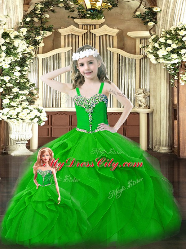 Hot Selling Green Ball Gowns Organza Sweetheart Sleeveless Beading and Ruffles Floor Length Lace Up 15th Birthday Dress