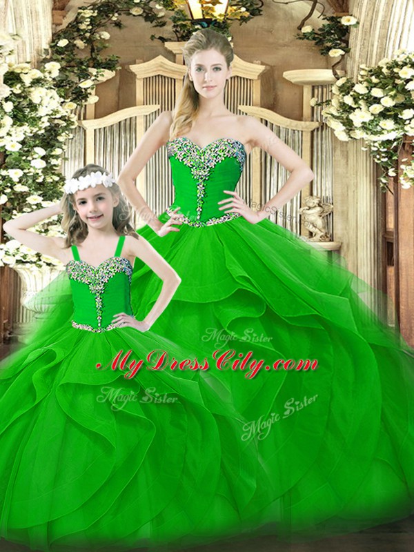 Hot Selling Green Ball Gowns Organza Sweetheart Sleeveless Beading and Ruffles Floor Length Lace Up 15th Birthday Dress