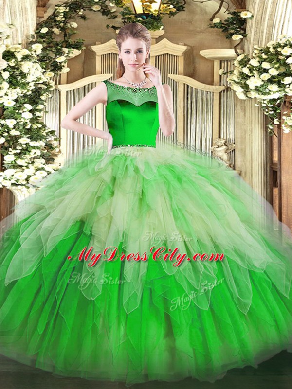 Green Quince Ball Gowns Sweet 16 and Quinceanera with Beading and Ruffles Scoop Sleeveless Zipper