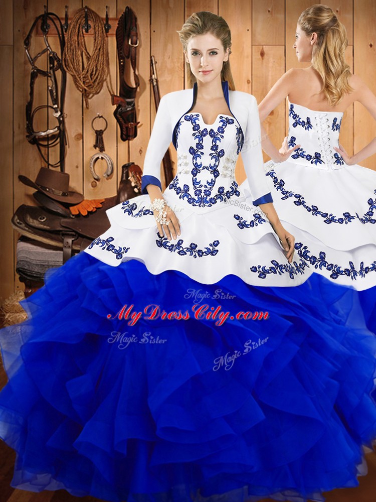 Colorful Blue Satin and Organza Lace Up Strapless Sleeveless Floor Length 15th Birthday Dress Embroidery and Ruffles