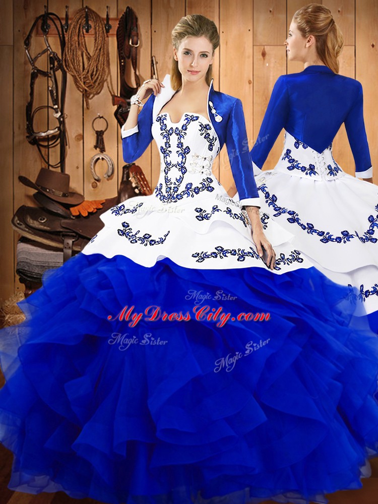 Colorful Blue Satin and Organza Lace Up Strapless Sleeveless Floor Length 15th Birthday Dress Embroidery and Ruffles