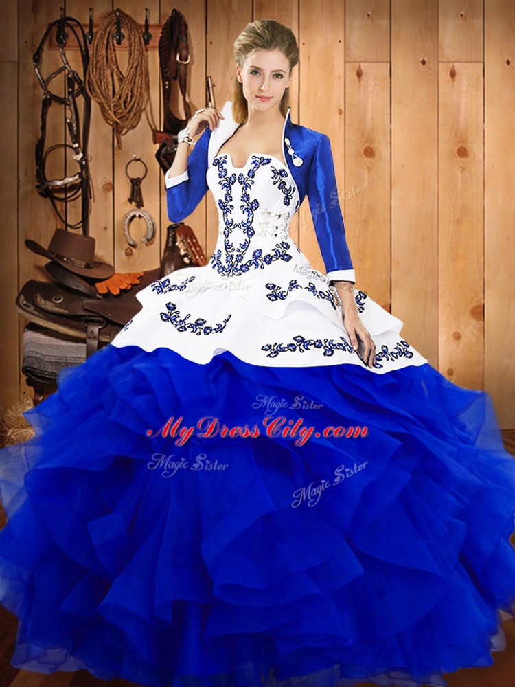 Colorful Blue Satin and Organza Lace Up Strapless Sleeveless Floor Length 15th Birthday Dress Embroidery and Ruffles