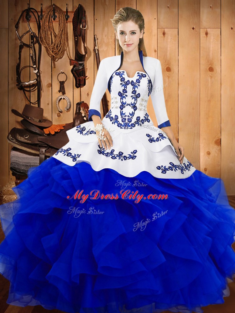 Colorful Blue Satin and Organza Lace Up Strapless Sleeveless Floor Length 15th Birthday Dress Embroidery and Ruffles