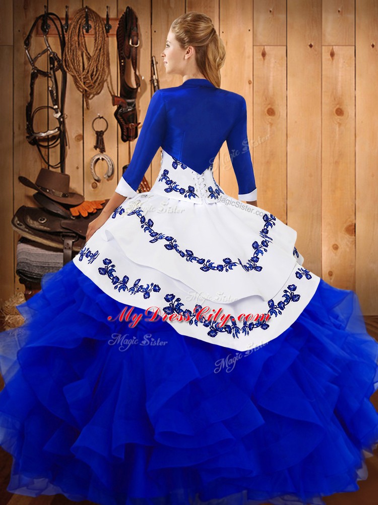 Colorful Blue Satin and Organza Lace Up Strapless Sleeveless Floor Length 15th Birthday Dress Embroidery and Ruffles