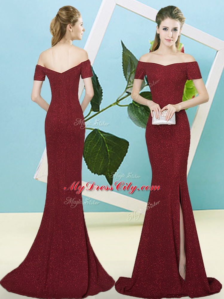 Lovely Burgundy Mermaid Sequins Prom Dress Zipper Sequined Short Sleeves