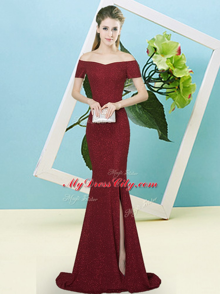 Lovely Burgundy Mermaid Sequins Prom Dress Zipper Sequined Short Sleeves