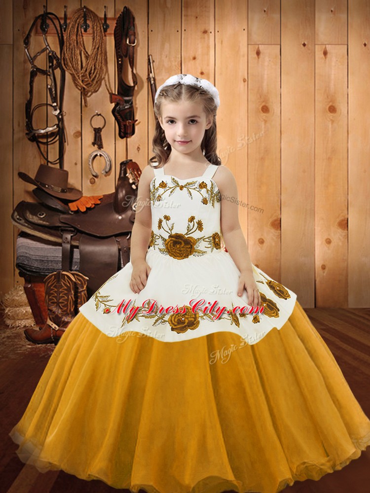 Super Gold Straps Lace Up Embroidery Little Girls Pageant Dress Sleeveless