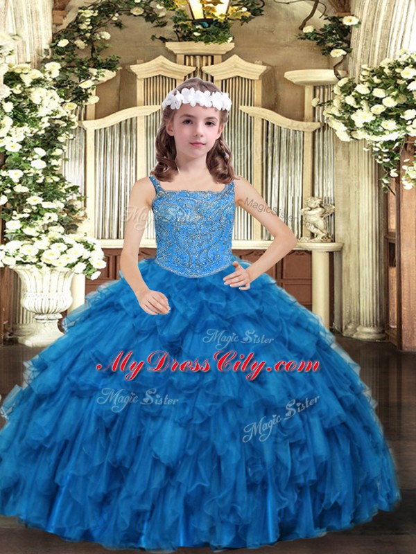 Blue Sleeveless Organza Lace Up Pageant Dress for Teens for Prom and Sweet 16 and Quinceanera