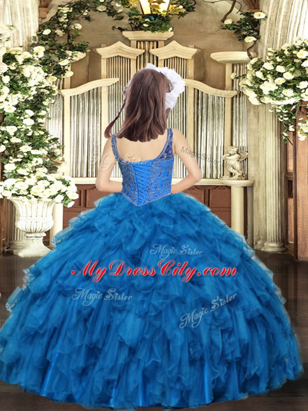 Blue Sleeveless Organza Lace Up Pageant Dress for Teens for Prom and Sweet 16 and Quinceanera