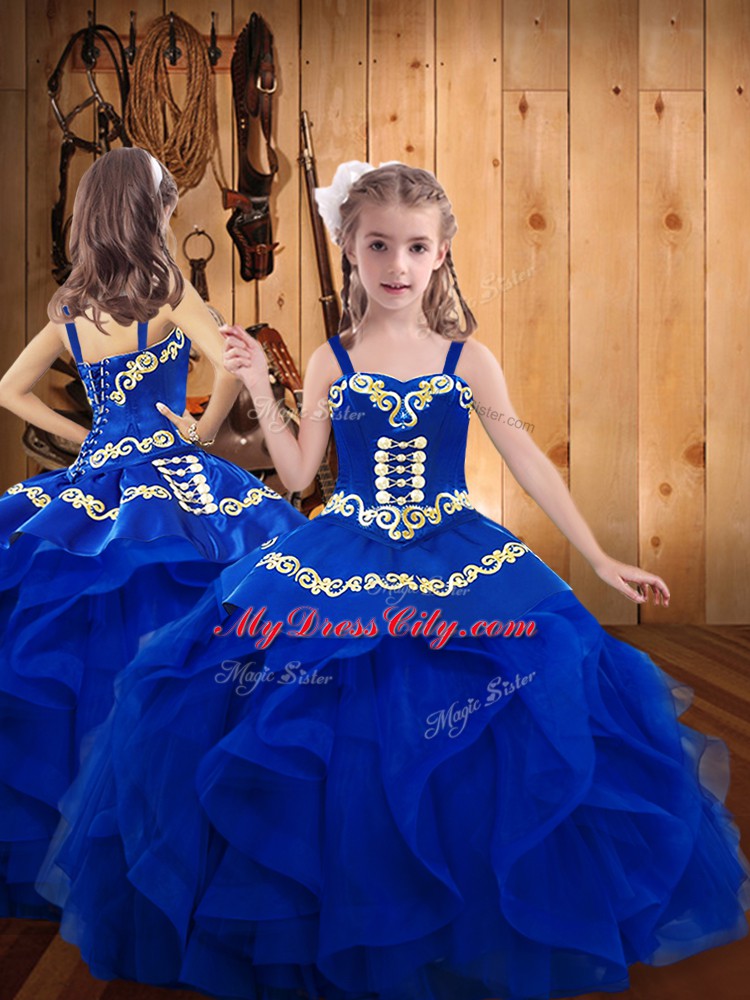 Floor Length Lace Up Kids Pageant Dress Royal Blue for Party and Sweet 16 and Quinceanera and Wedding Party with Embroidery