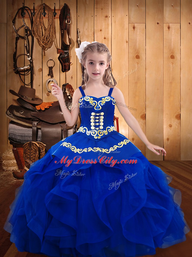 Floor Length Lace Up Kids Pageant Dress Royal Blue for Party and Sweet 16 and Quinceanera and Wedding Party with Embroidery