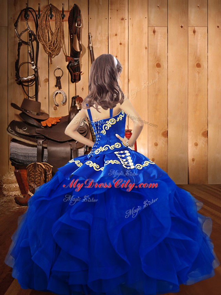 Floor Length Lace Up Kids Pageant Dress Royal Blue for Party and Sweet 16 and Quinceanera and Wedding Party with Embroidery