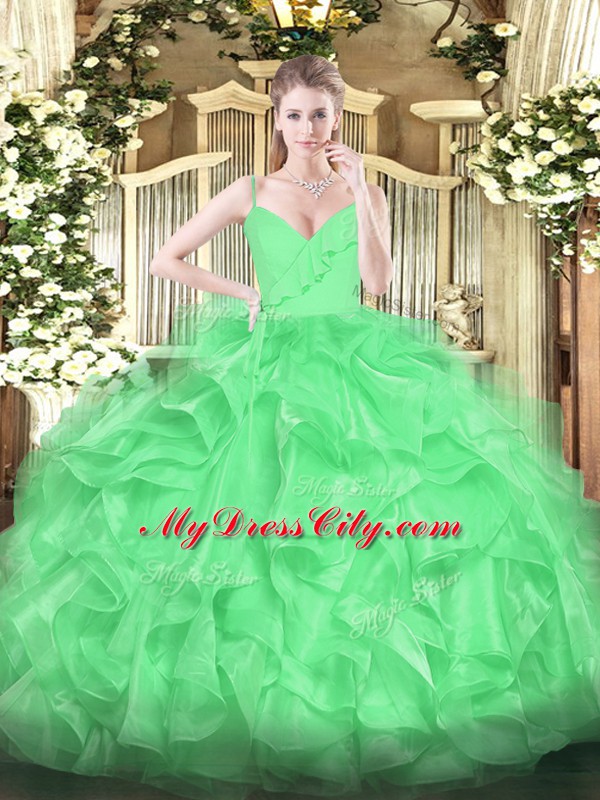 Hot Sale Green Quinceanera Gown Military Ball and Sweet 16 and Quinceanera with Ruffles Spaghetti Straps Sleeveless Zipper