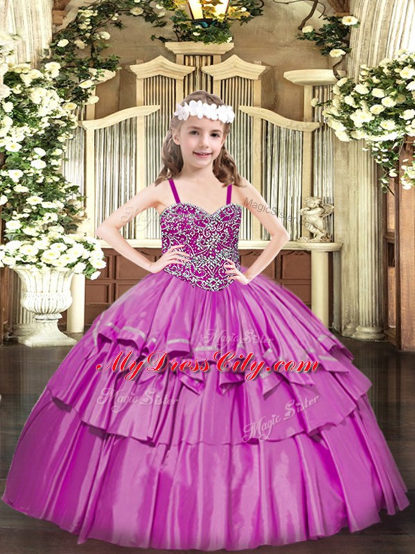 Fashionable Fuchsia Organza Lace Up Little Girls Pageant Gowns Sleeveless Floor Length Beading and Ruffled Layers