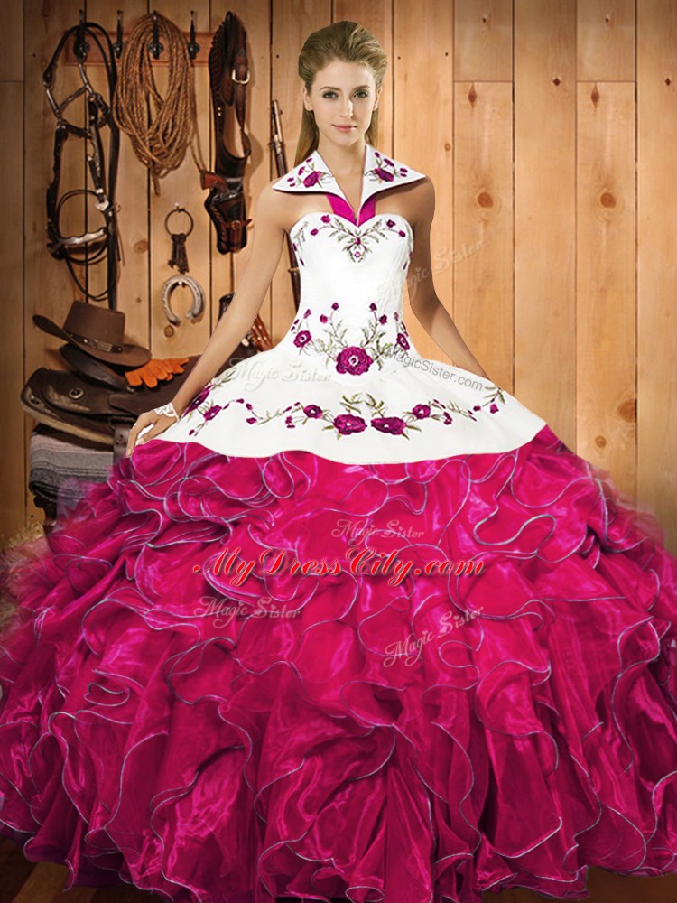 Custom Made Embroidery and Ruffles Quinceanera Gown Fuchsia Lace Up Sleeveless Floor Length