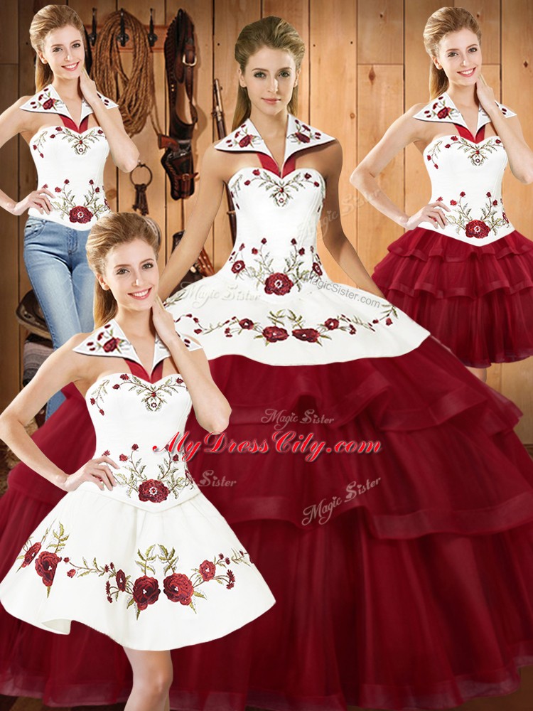 Wine Red Satin and Organza Lace Up Sweet 16 Dresses Sleeveless With Train Sweep Train Embroidery and Ruffled Layers