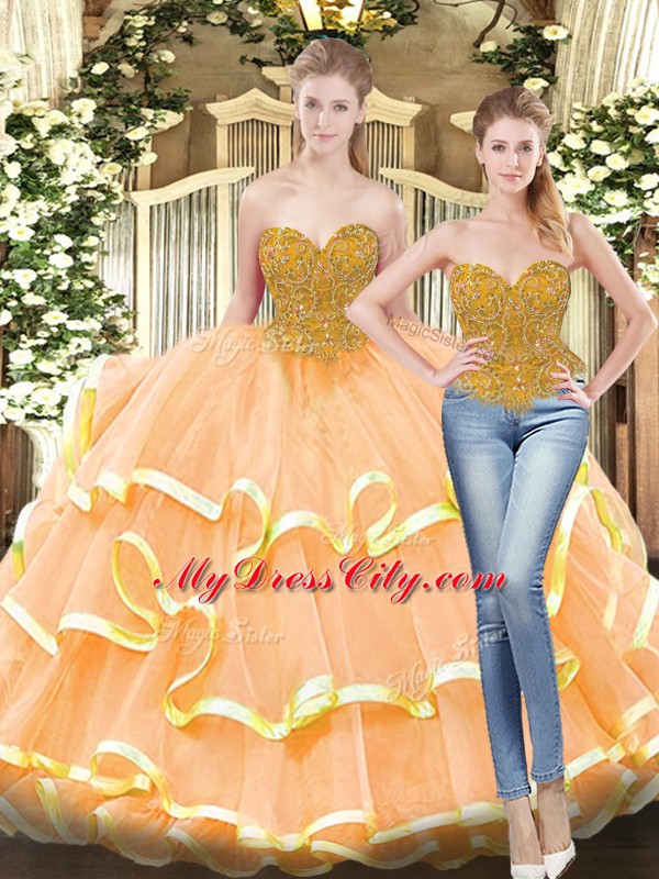 Glamorous Peach Lace Up Quinceanera Gowns Beading and Ruffled Layers Sleeveless Floor Length