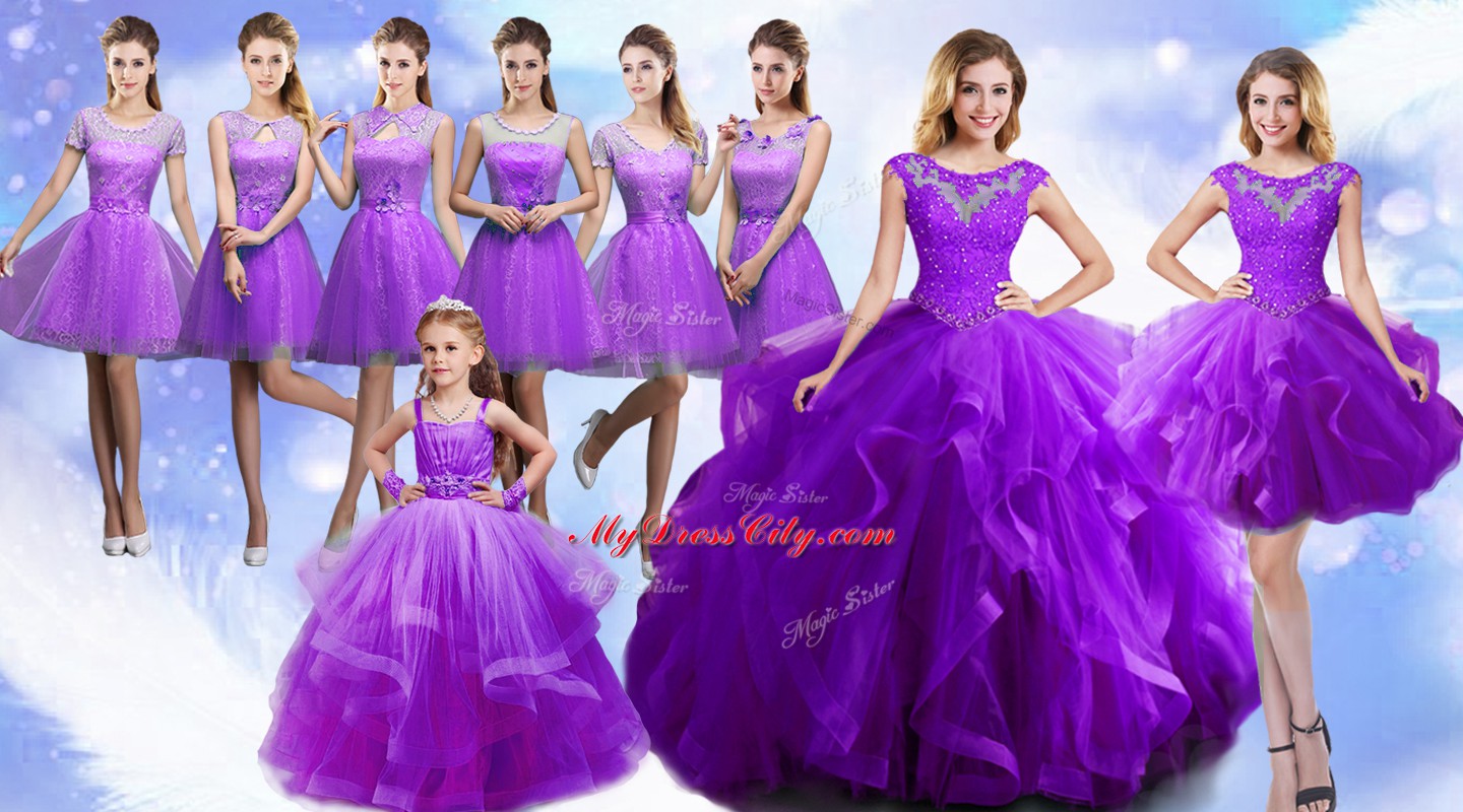 Comfortable Eggplant Purple Scoop Neckline Beading Quinceanera Dress Sleeveless Lace Up