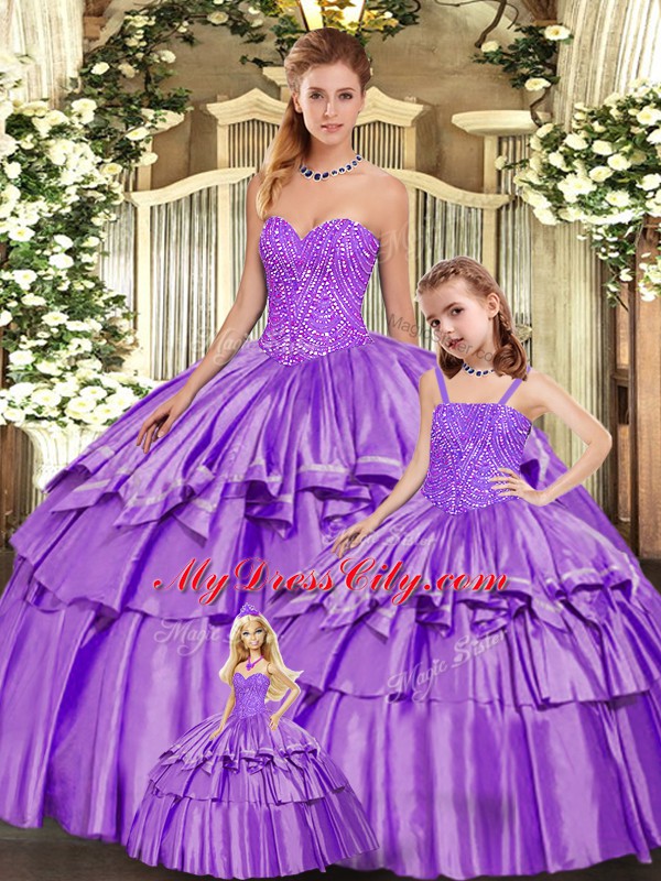 Eggplant Purple Ball Gowns Organza Sweetheart Sleeveless Beading and Ruffled Layers Floor Length Lace Up Quinceanera Dresses