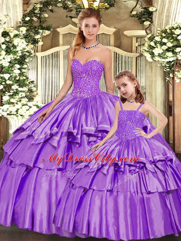 Eggplant Purple Ball Gowns Organza Sweetheart Sleeveless Beading and Ruffled Layers Floor Length Lace Up Quinceanera Dresses