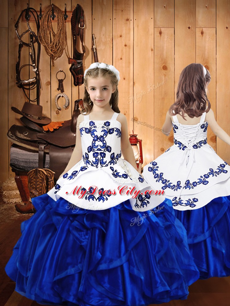 Embroidery and Ruffles Little Girl Pageant Dress Royal Blue Lace Up Sleeveless Floor Length