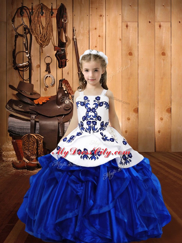 Embroidery and Ruffles Little Girl Pageant Dress Royal Blue Lace Up Sleeveless Floor Length