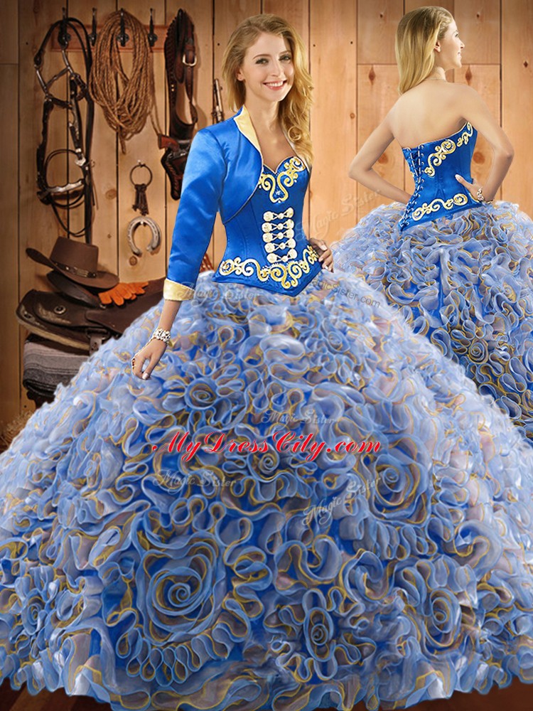 Deluxe Embroidery 15 Quinceanera Dress Multi-color Lace Up Sleeveless With Train Sweep Train