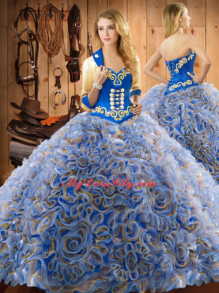 Deluxe Embroidery 15 Quinceanera Dress Multi-color Lace Up Sleeveless With Train Sweep Train