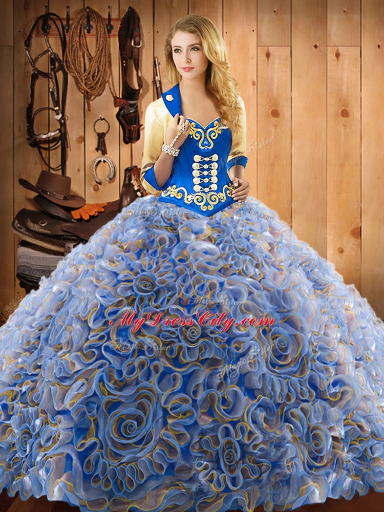 Deluxe Embroidery 15 Quinceanera Dress Multi-color Lace Up Sleeveless With Train Sweep Train