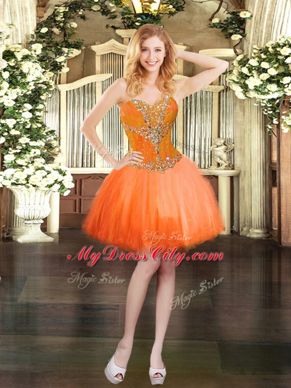 Luxurious Orange Red Tulle Lace Up Sweetheart Sleeveless Mini Length Prom Gown Beading