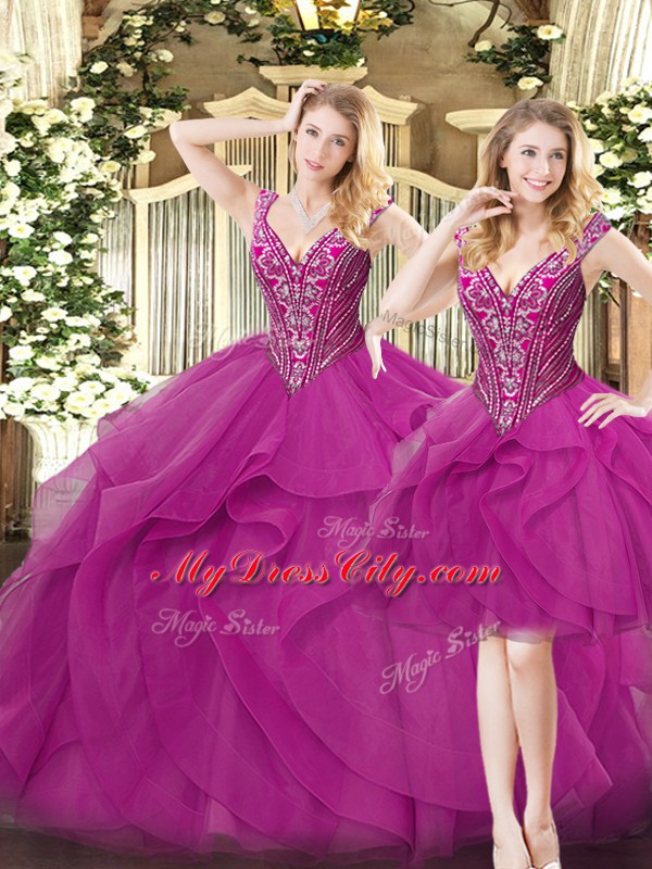 Super Sleeveless Lace Up Floor Length Beading and Ruffles Sweet 16 Dresses